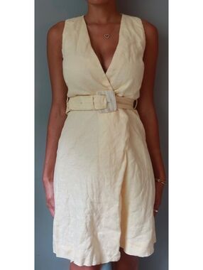 100% Linen Yellow Belted Wrap Midi Dress